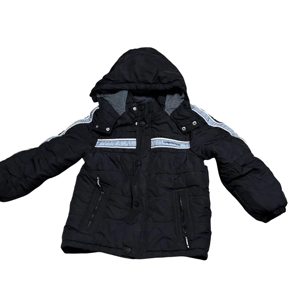 London Fog Boys Black Puffer Jacket Reflective Stripe Fleece Lined Size L 7